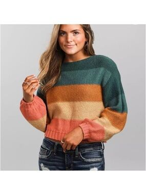 Billabong teal orange striped boho sweater